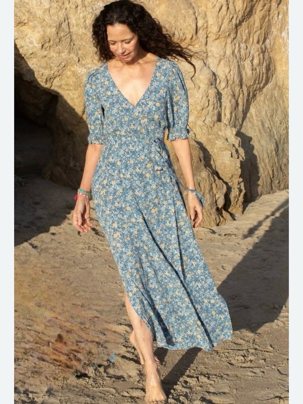 Natural Life Sophia Ditsy Floral Maxi Wrap Dress Blue Boho Size Large - Picture 4 of 11